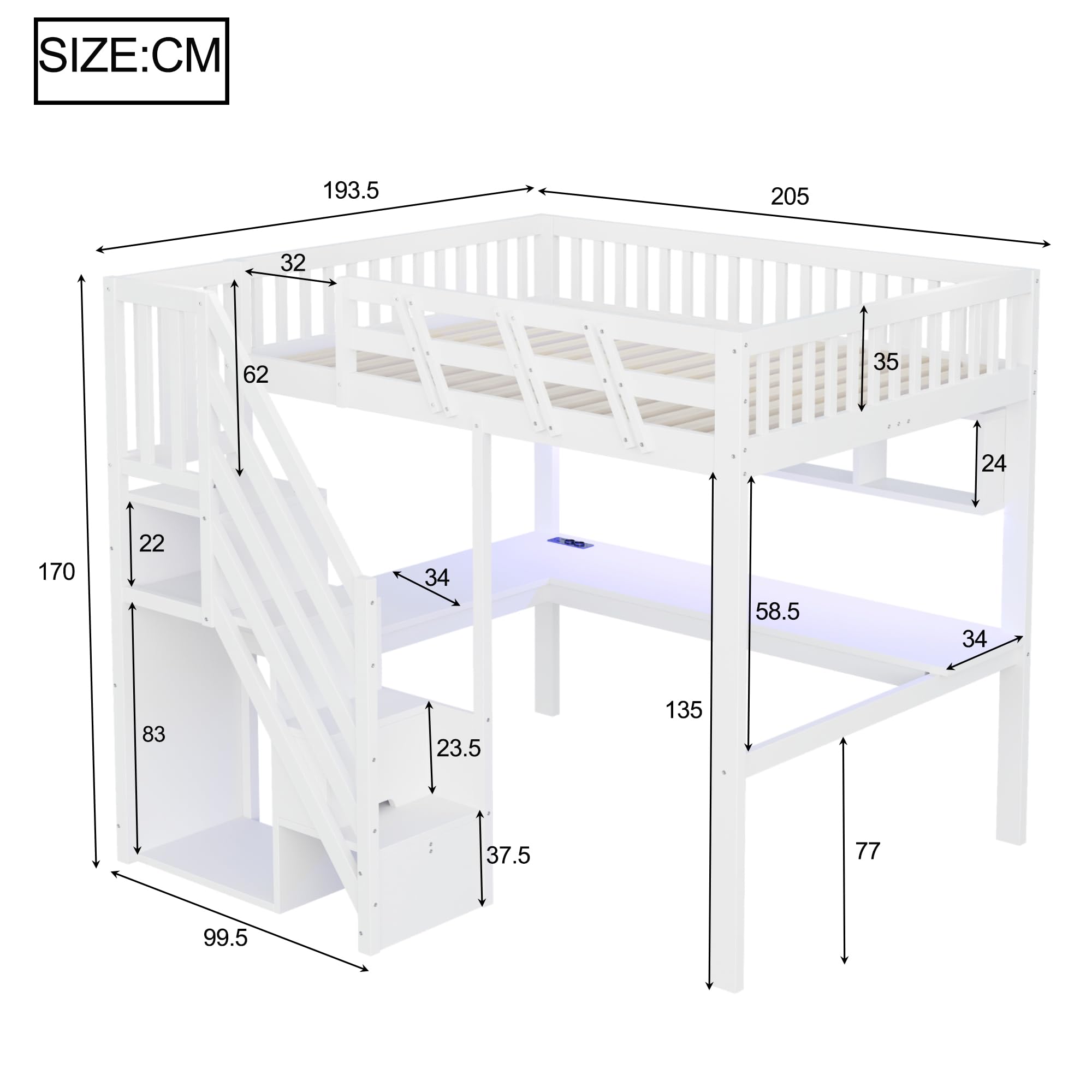 Łóżko z litego drewna 140 x 200, schody z szafką do przechowywania, z biurkiem, z gniazdem USB i oświetleniem LED, łóżko dziecięce, łóżko młodzieżowe, pojedyncze łóżko, rama z litego drewna