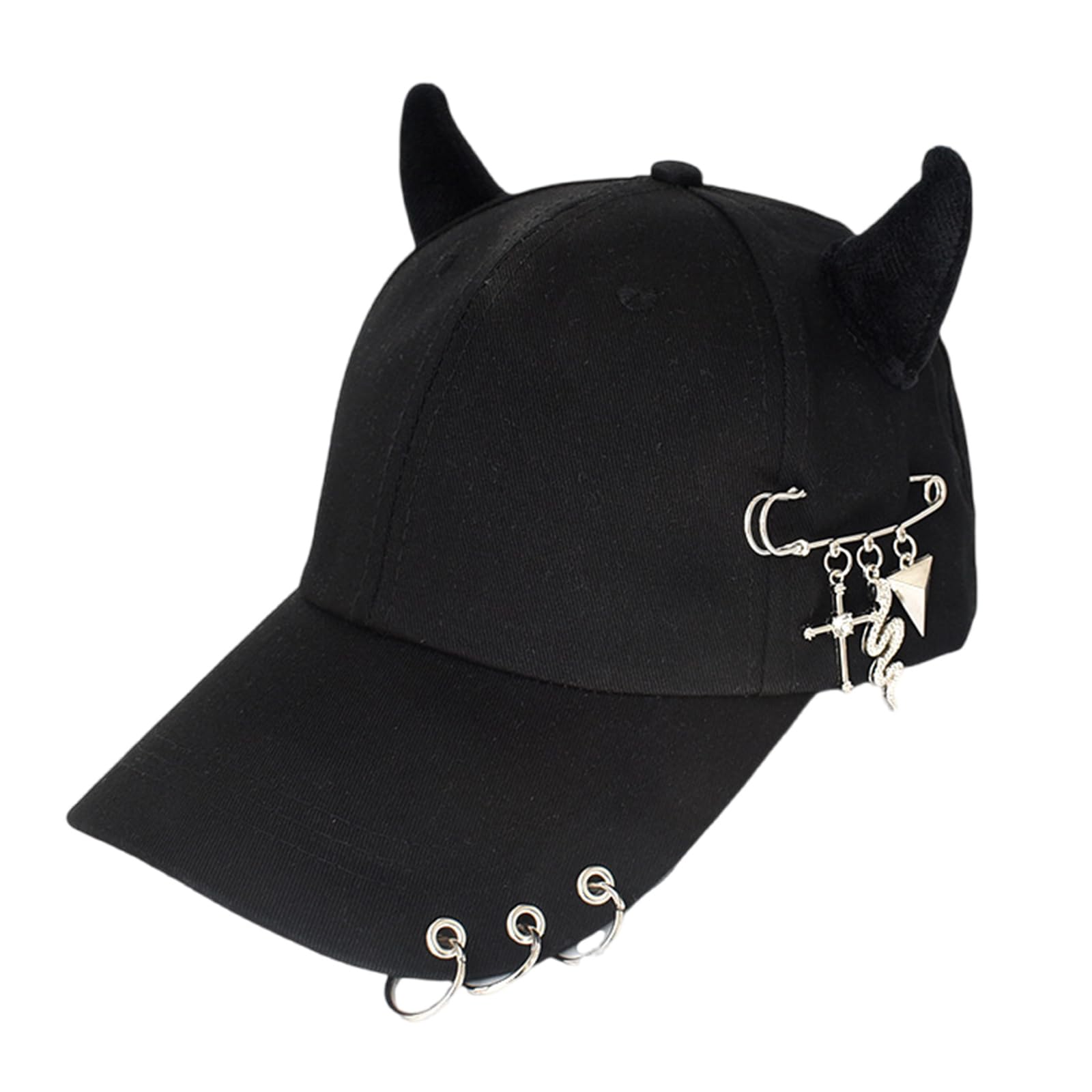 jojnsha Stylish Black Chain Cotton Baseball Caps with Metal Iron Rings Adjustable Strap Breathable Unisex Hip Hop Caps Hat, pin snake black, 35*25*8cm