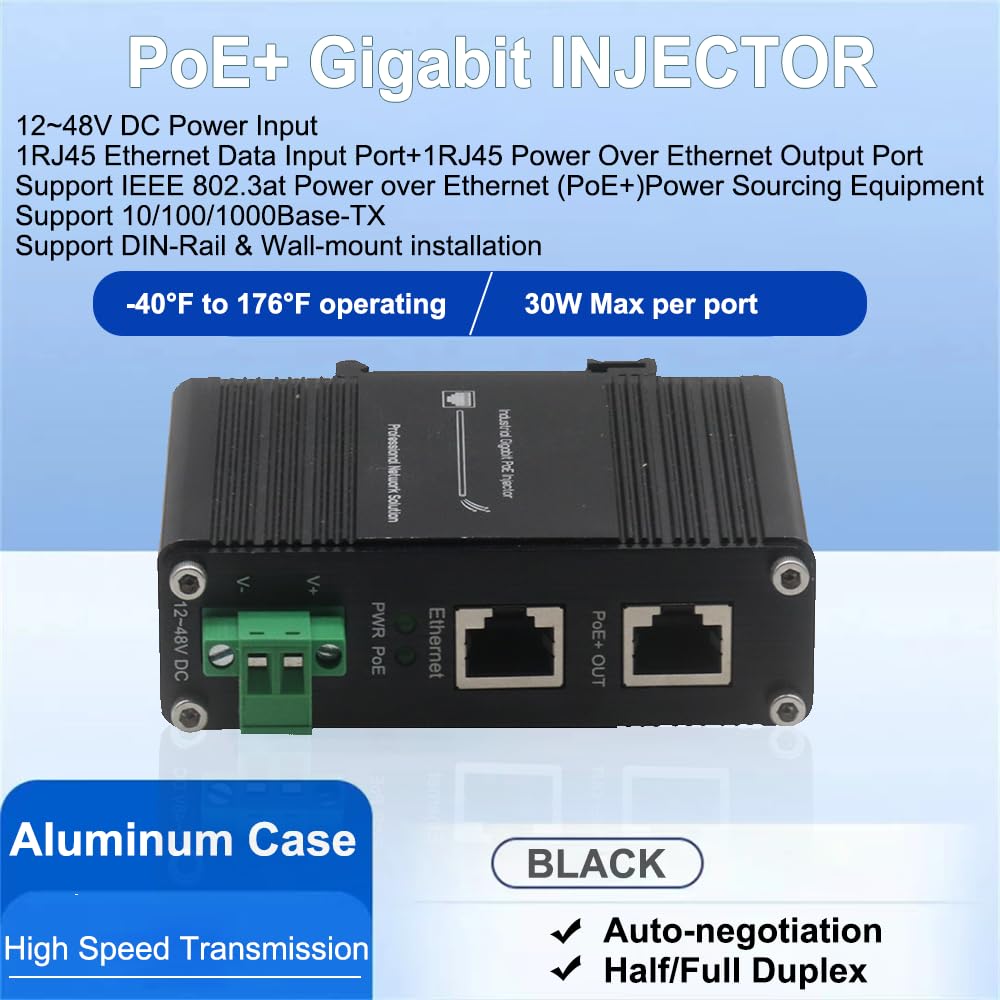 Iniettore industriale Gigabit PoE+, 30W IEEE 802.3af/at, ingresso 12-48VDC, montaggio su guida DIN/parete, protezione da sovratensioni 6KV, per telecamera IP