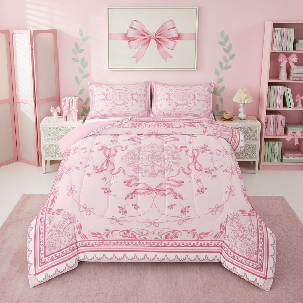 Erosebridal Coquette Bows Twin Comforter Set for Girls Women Pink Aesthetic Bow Tie Bedding Set | Vintage Cottagecore Bed Set Bohemian Bowknot Floral Duvet Insert Tribal Quilt Farmhouse Room Decor