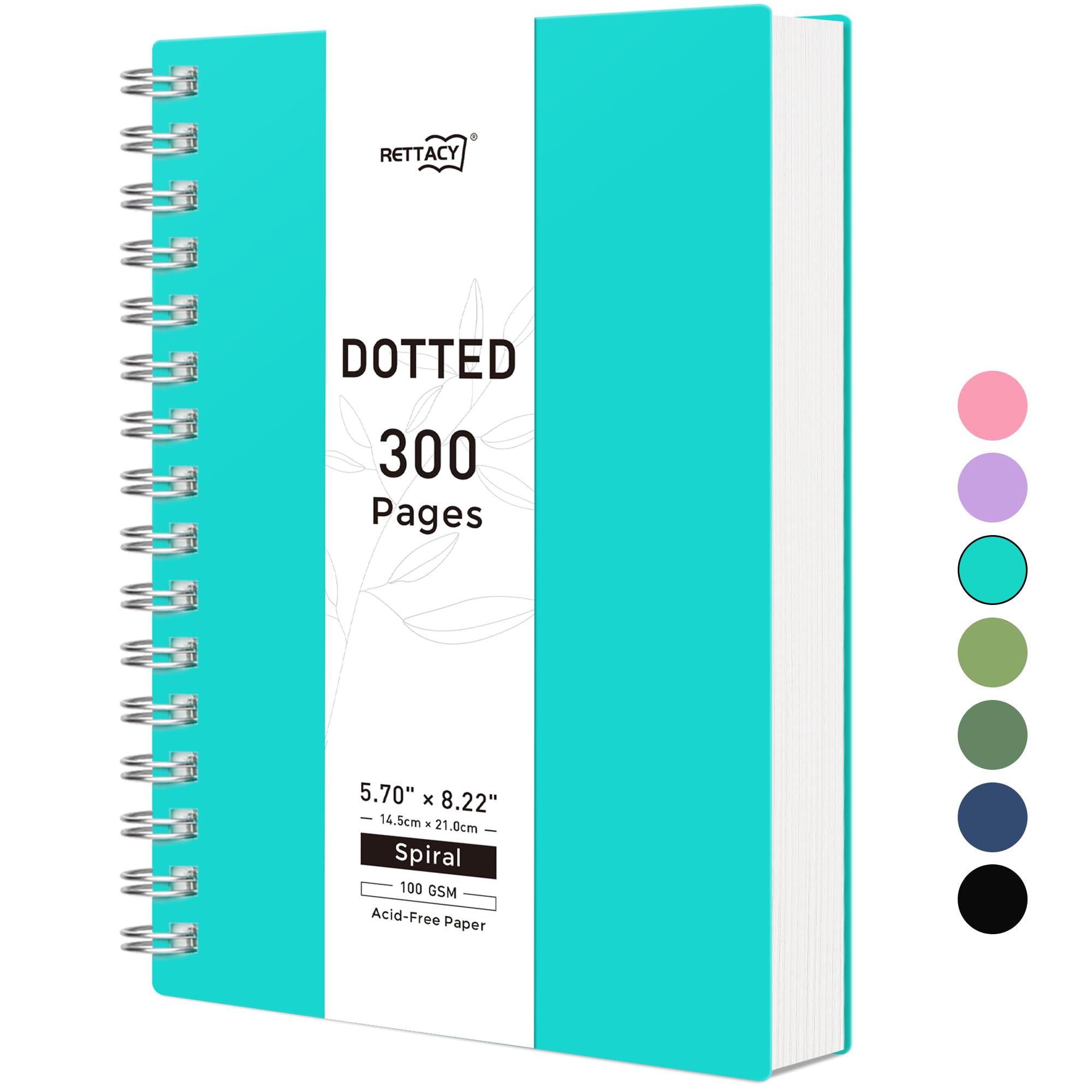 RETTACY A5 Dotted Notebook, Bullet Dot Grid Journal, Wirebound Spiral Notebooks 300Pages /150 Sheets for Writing,100gsm