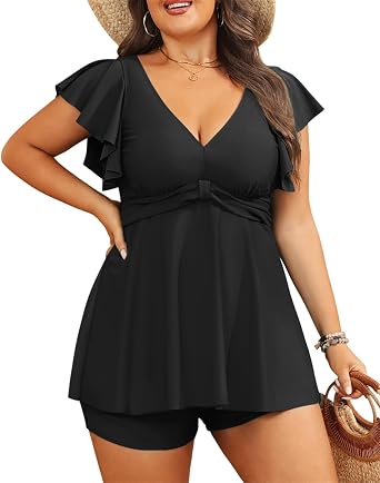 Plus Size Tankini Set Swimsuit - Women Two Piece Bathing Suit with Shorts Ruffle Sleeve Swimwear 2025