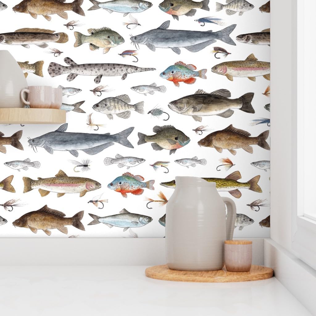 Peel & Stick Wallpaper 3ft x 2ft - Multicolor Fish Fishing Salmon Cabin Trout Fisherman Lures Sunfish Tackle Crappie Flies Fly Stream Custom Removable Wallpaper by Spoonflower