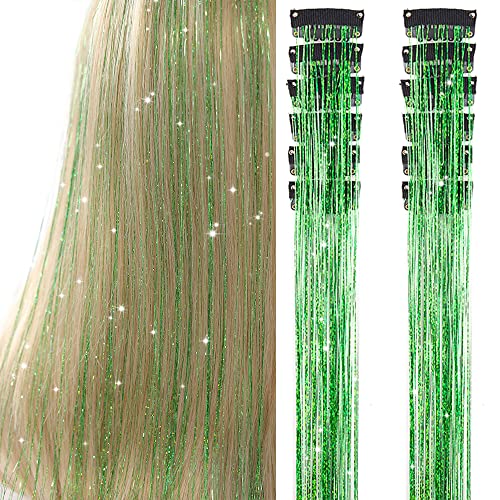 Hair Tinsel Pack of 12 Pcs Clip in Hair Tinsel 20 Inch Glitter Green Tinsel Hair Extensions Festival Tinsel Fairy Hair Party Dazzle Hair Accessories Strands Kit(12Pcs Fruit green#)