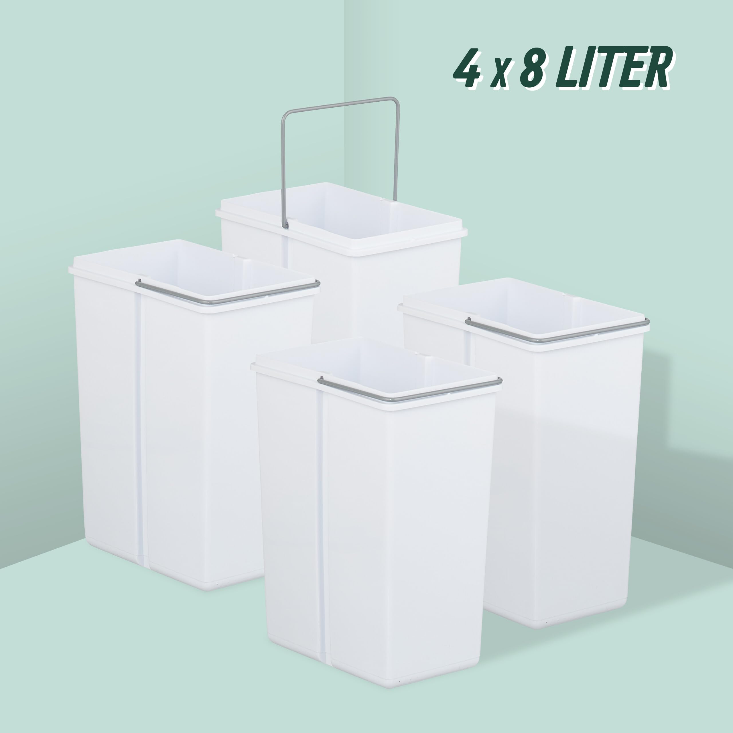 Relaxdays Einbaumülleimer, 4 Fächer, 4 x 8l, HBT: 35,1x34,3x48 cm, ausziehbar, Mülltrennsystem für Unterschrank, weiß