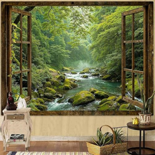 Image of HASTHIP Window Forest Tapestry Green Nature Jungle Wall Hanging with Printed Landscape for Bedroom Living Room Dorm Decor