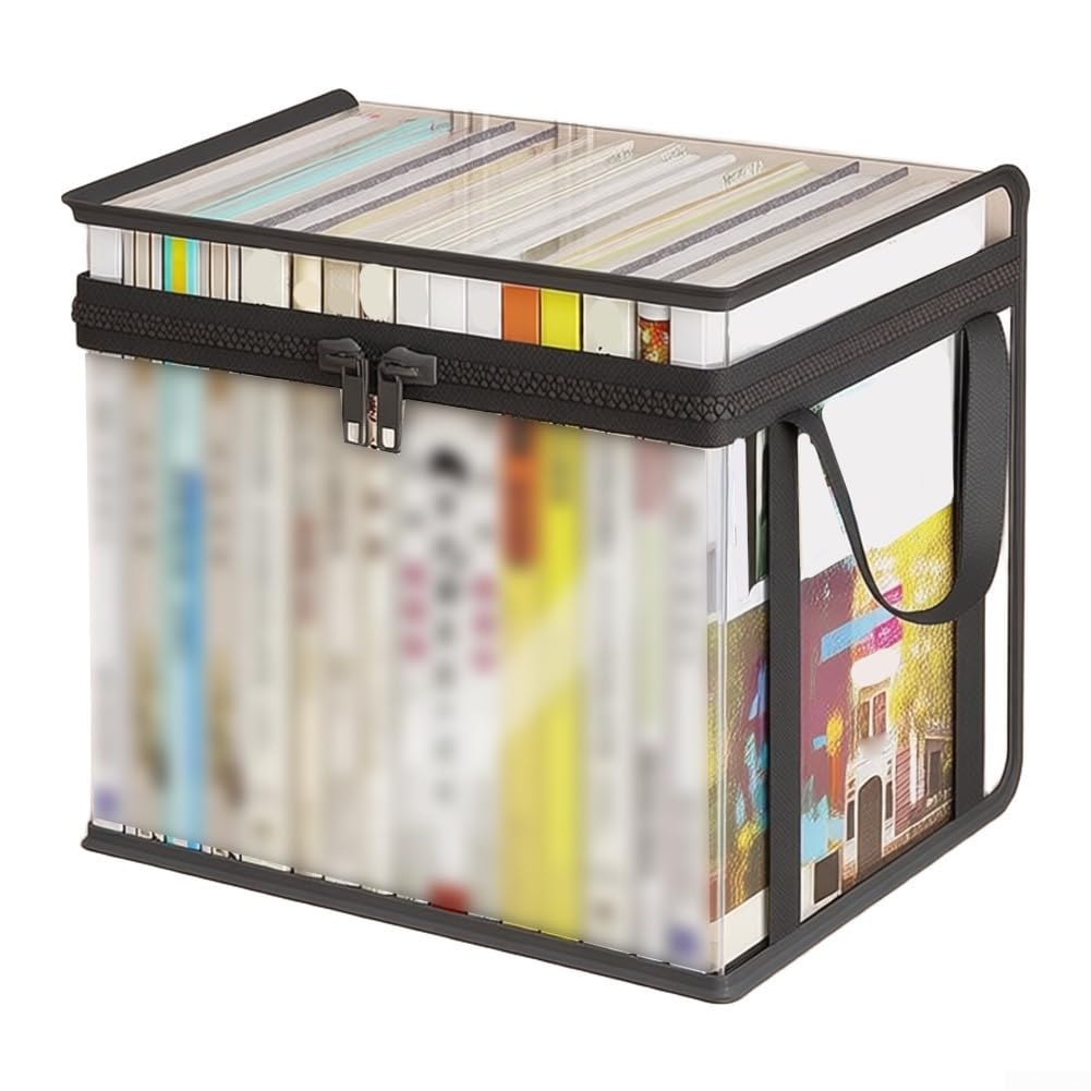 Scatola portaoggetti pieghevole per libri, confezione da 3, trasparente, antipolvere, per scuola, casa, ufficio, in plastica ABS, con coperchio con cerniera, 38 x 25 x 24 cm (nero, grande x 3)