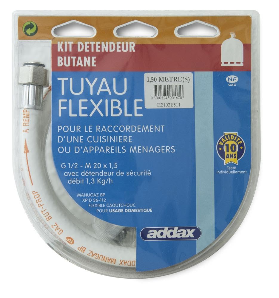 Kit de gas butano ADDAX con manguera de 1,5m y regulador para evitar fugas en casa
