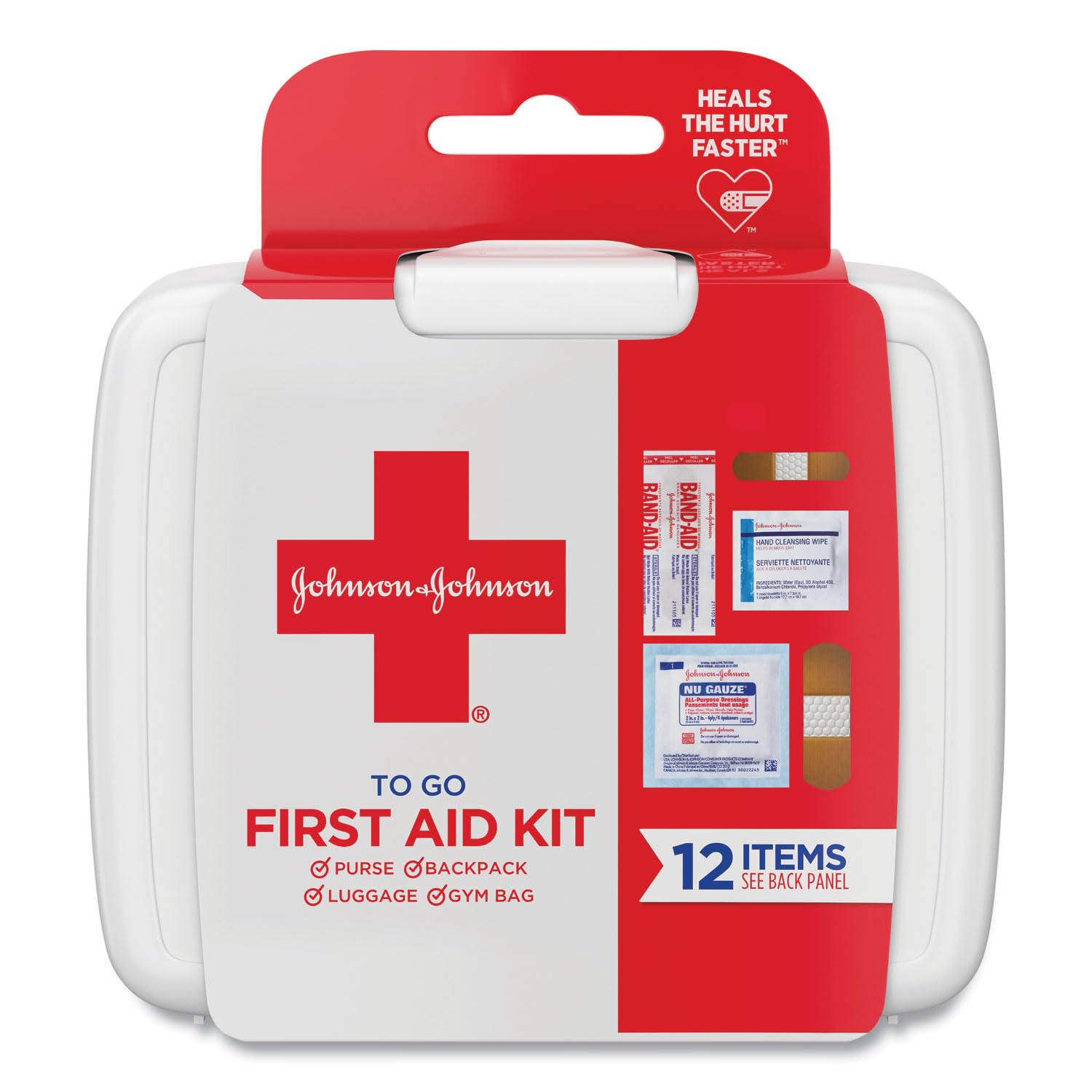 Johnson & Johnson First Aid To Go!, Emergency First Aid Travel Kit with Adhesive Bandages, Gauze Pads & Cleansing Wipes for Purse, Backpack, Gym Bag or Luggage, 12 pieces