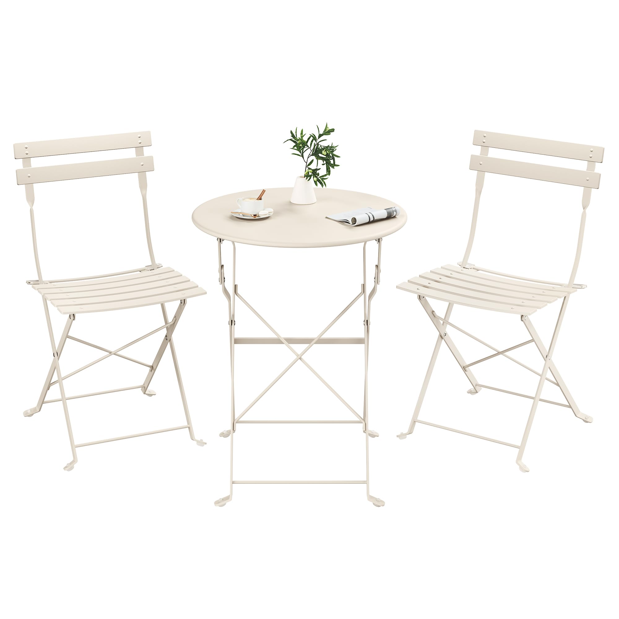 SONGMICS Juego de Jardín de Exterior, 3 Piezas, 2 Sillas y 1 Mesa, Plegable, Salón de Exterior, Acero, Resistente a la Intemperie, para Balcón, Terraza, Beige Capuchino GGF036LZ01 - 2