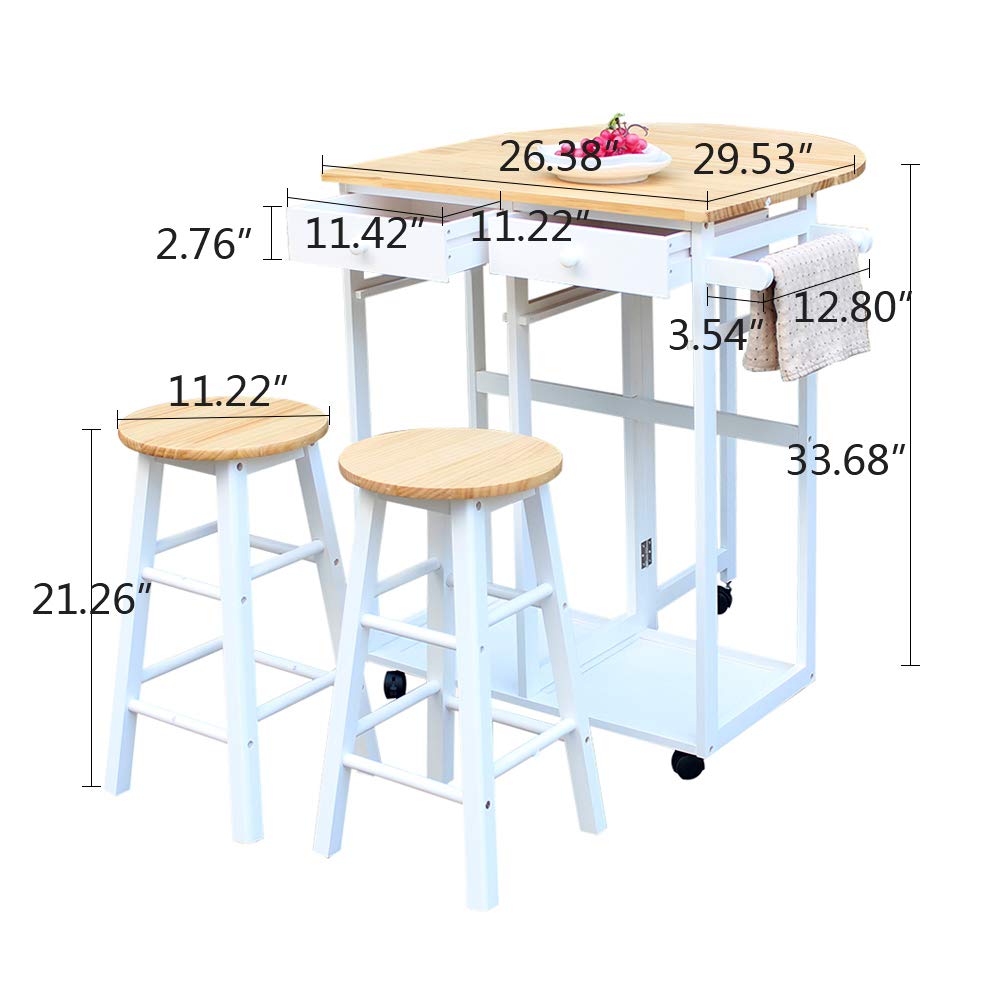 Chariot de Rangement Carro de Comedor Plegable semicírculo de Madera Maciza con 2 taburetes,Carro de Cocina Blanco,Organizador de Cocina Comedor Chariot de Rangement