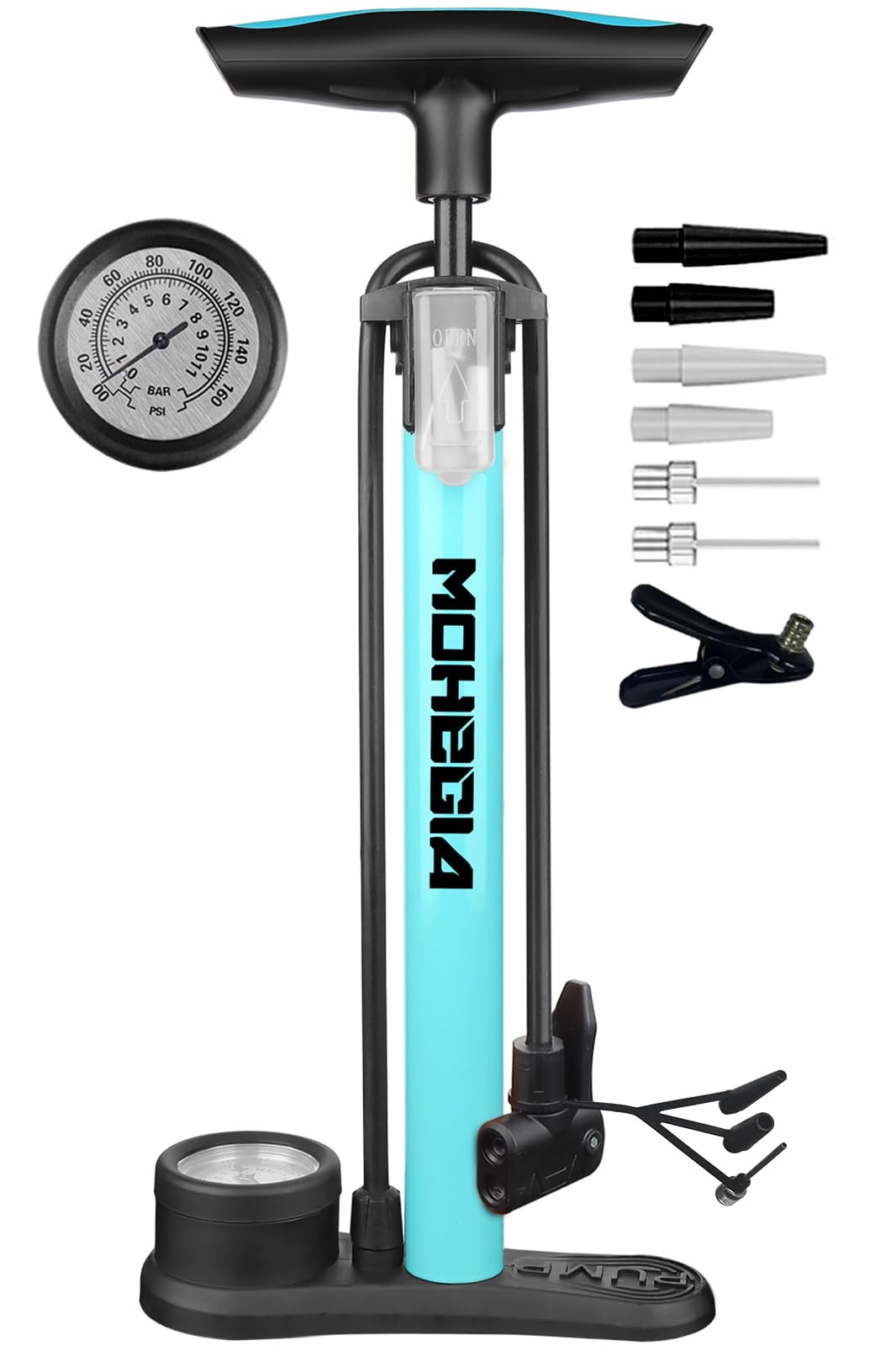 MOHEGIA 自転車 空気入れ: フロアポンプ - 仏式 米式 英式バルブ対応 - 160PSI スケール圧力計 - ブルー
