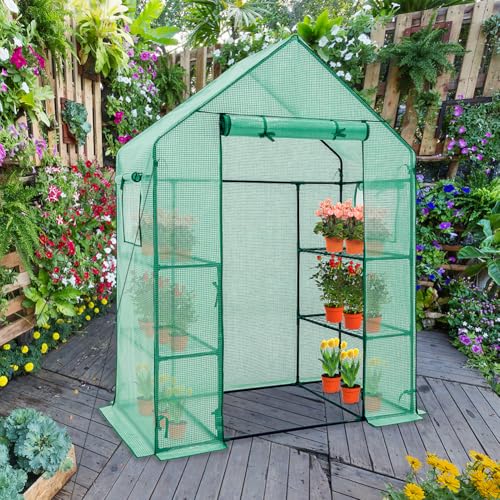 Image of EAGLE PEAK Walk in 3-Tier Greenhouse with Wire Shelves, Portable Indoor and Outdoor Green House with Roll-Up Zippered Door & 2 Roll Up Side Windows, 4 Shelves, 61 inchx28 inchx79 inch, Clear /Green PE Cover