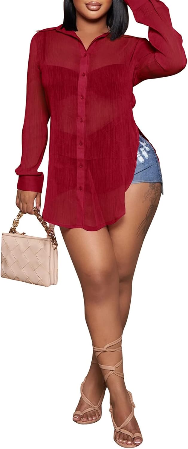 EDITCOZY Women's Sheer Cover Ups Button Up Blouse Sexy Long Sleeve Slit Hem Mesh See Through Shirts Tops - Image 4
