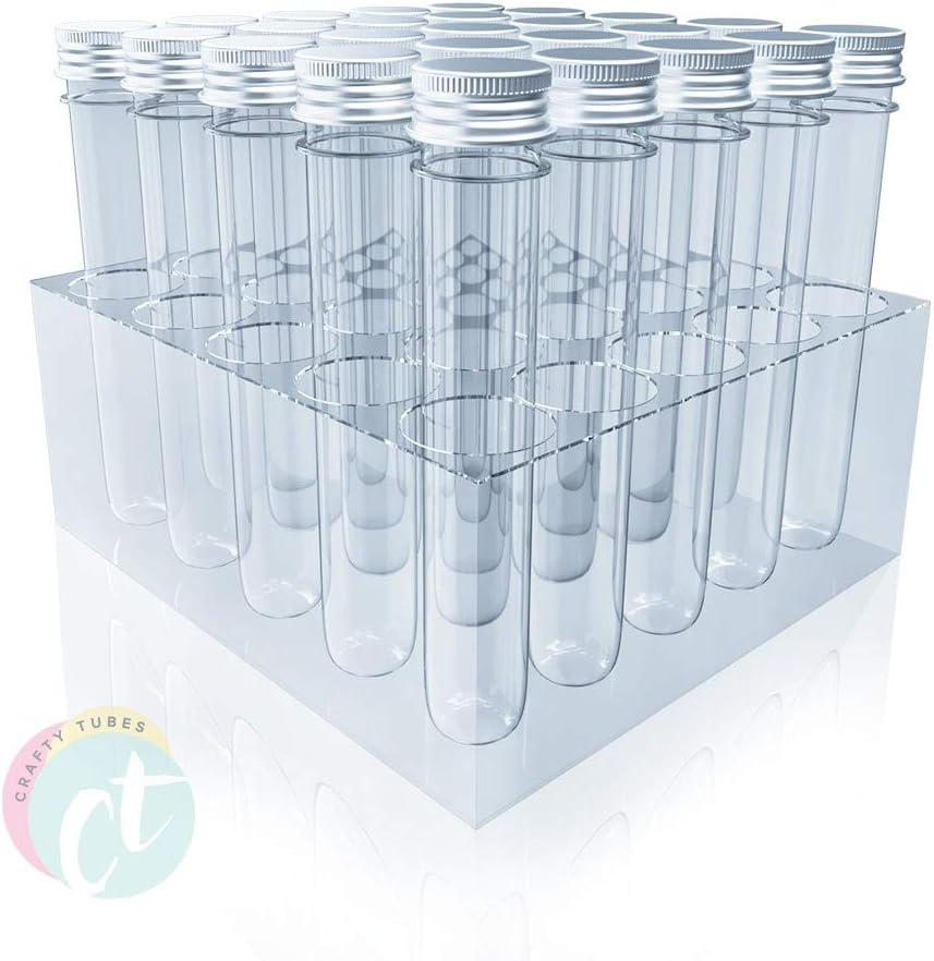 Extra Long Clear PET Plastic Test Tubes Beaker Set w Thin Rack Holder 32 Blank Labels 25 Pieces 25 x 165mm (60ml) - Beads, Candy, Craft Storage Organization, Wedding Party Favor - by Crafty Tubes