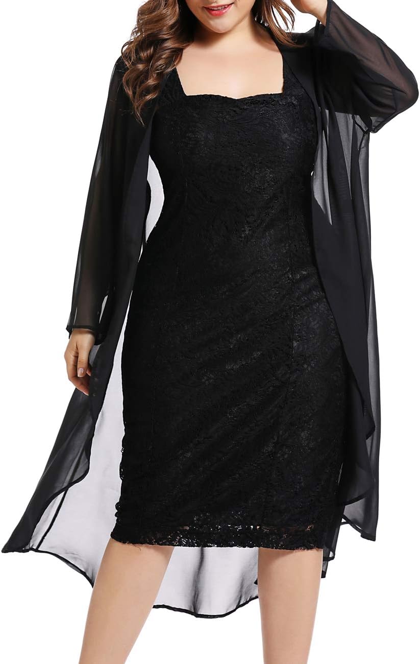 LALAGEN Womens Plus Size Lace Bodycon Wedding Party Midi Dress with Chiffon Cardigan Black XL