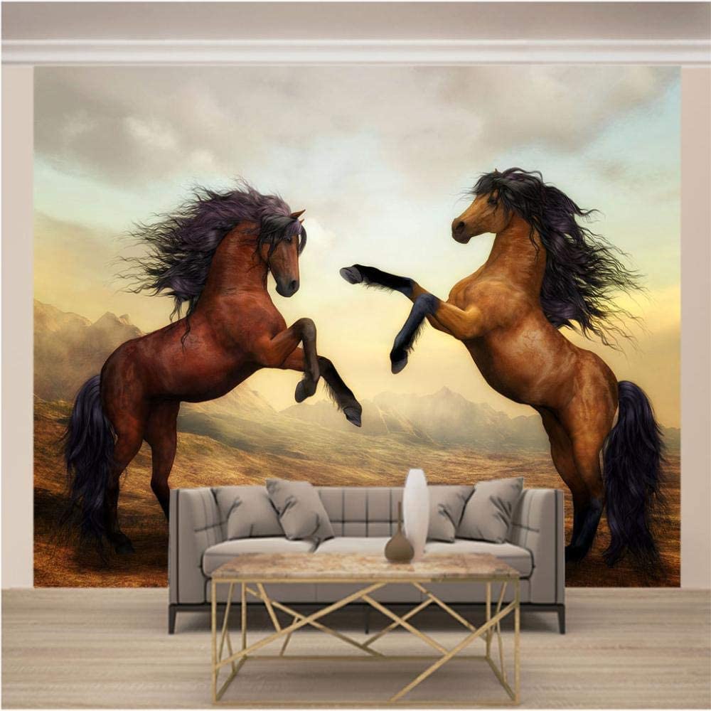 Arte Moderno 3D Mural Wallpaper, Animal Marrón Pareja Caballo Murales De Pared 3D Espacio Grande Papel Tapiz Decoración Pinturas, Sala De Estar Tv Bar Ktv Telón De Fondo Dormi 300(ancho)x210(alto)cm