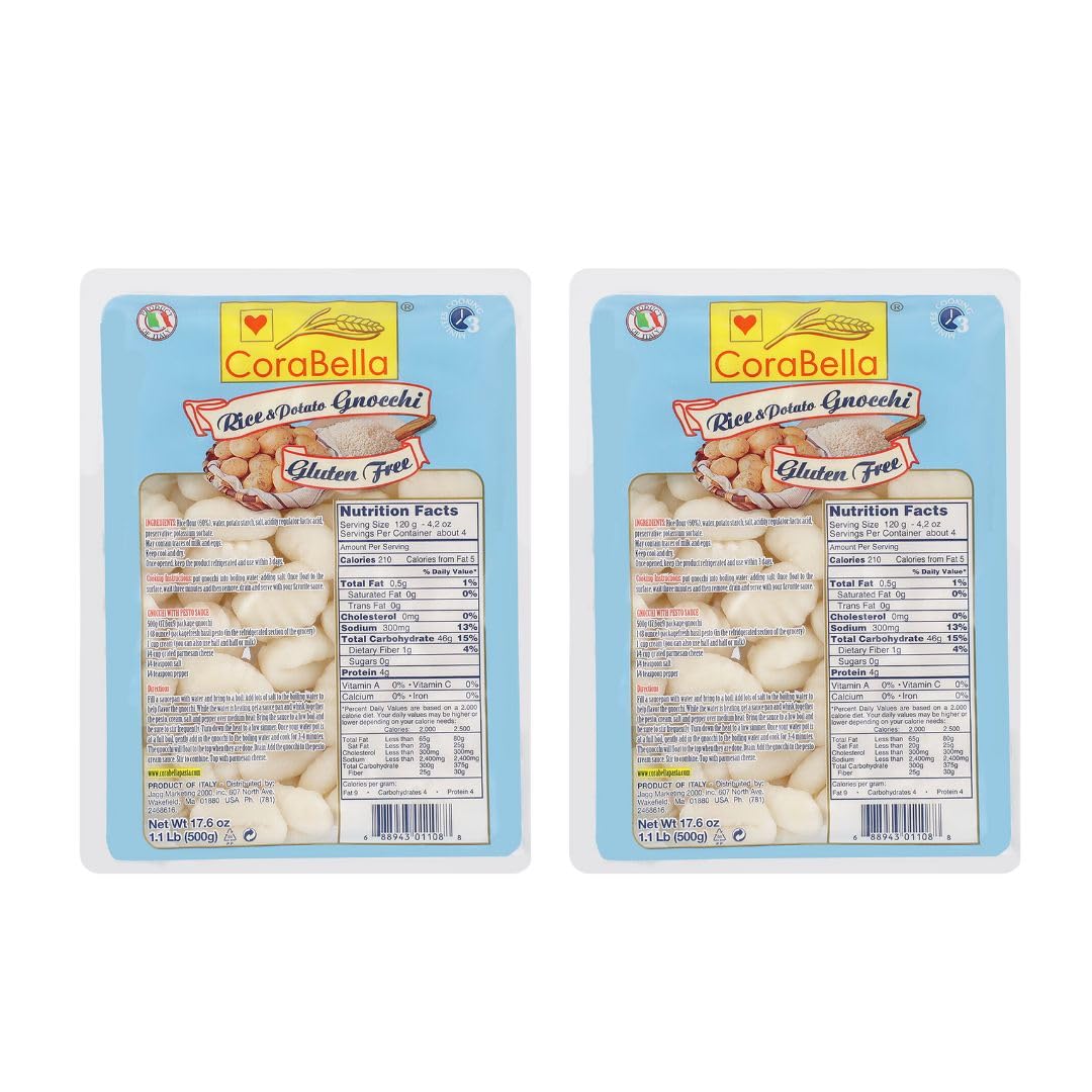 Corabella Gluten Free Gnocchi - Fresh Potato & Rice Gnocchi Pasta - Premium Ingredients | Traditional Flavor Taste of Italy in Every Bite | Perfect for Fresh Pasta Lovers - 1.1 Pound Each (Pack of 2)