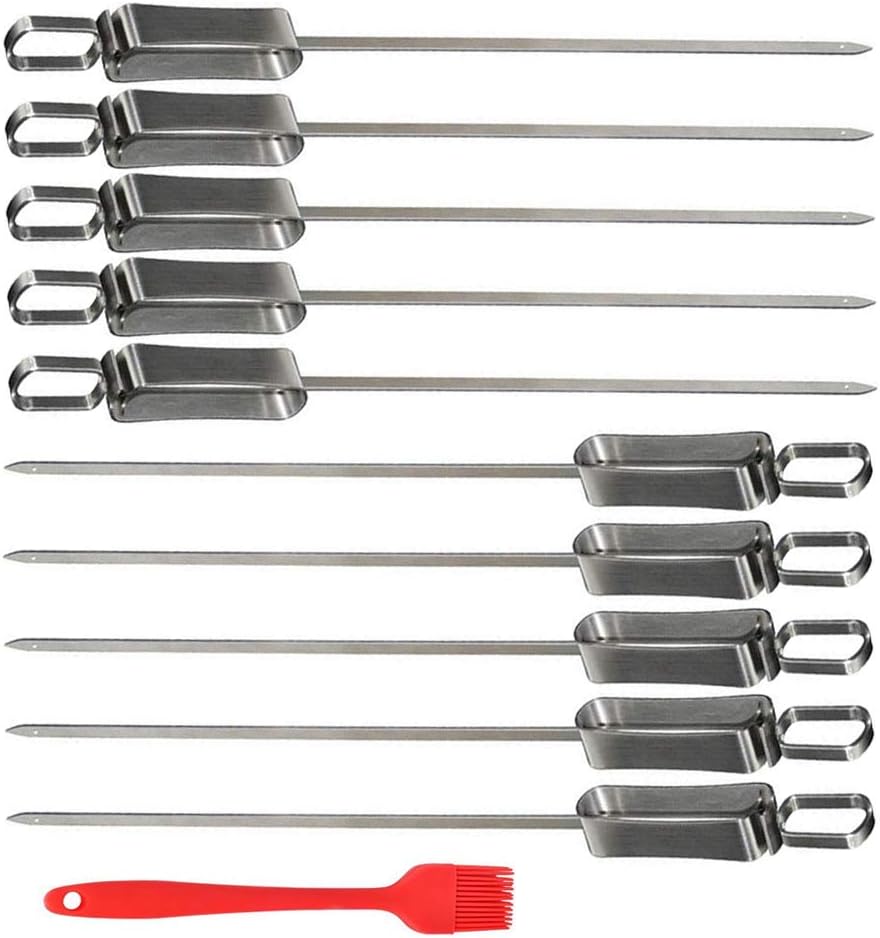 BBQ Skewers, Reusable Steel Kabob Skewers for Barbecue Grilling with Metal Sliding Handle 14" Set of 10