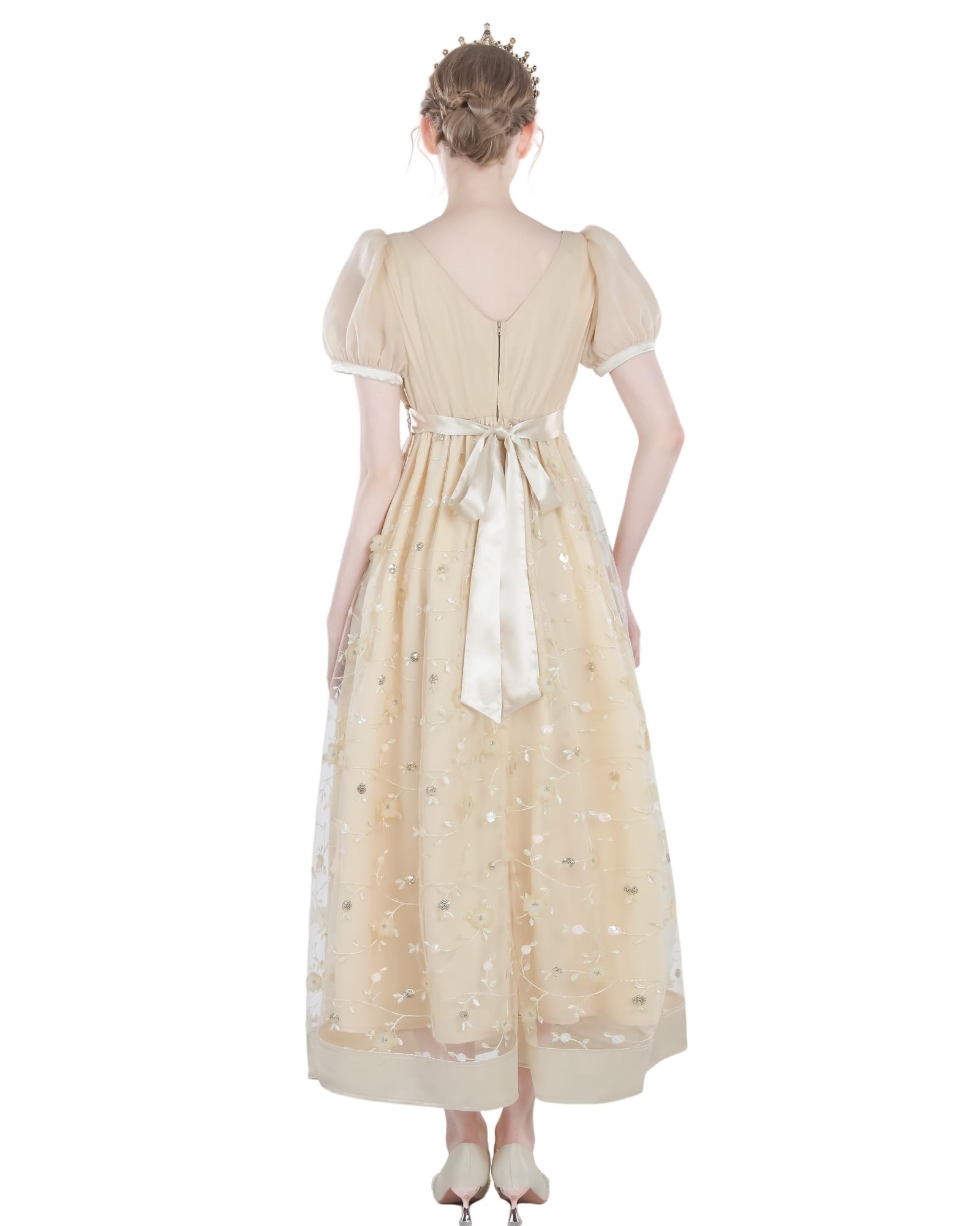 Regency Vestido de mujer maxi de estilo imperio con encaje y mangas abullonadas, vestido de noche vintage con guantes, elegante para bodas o fiestas