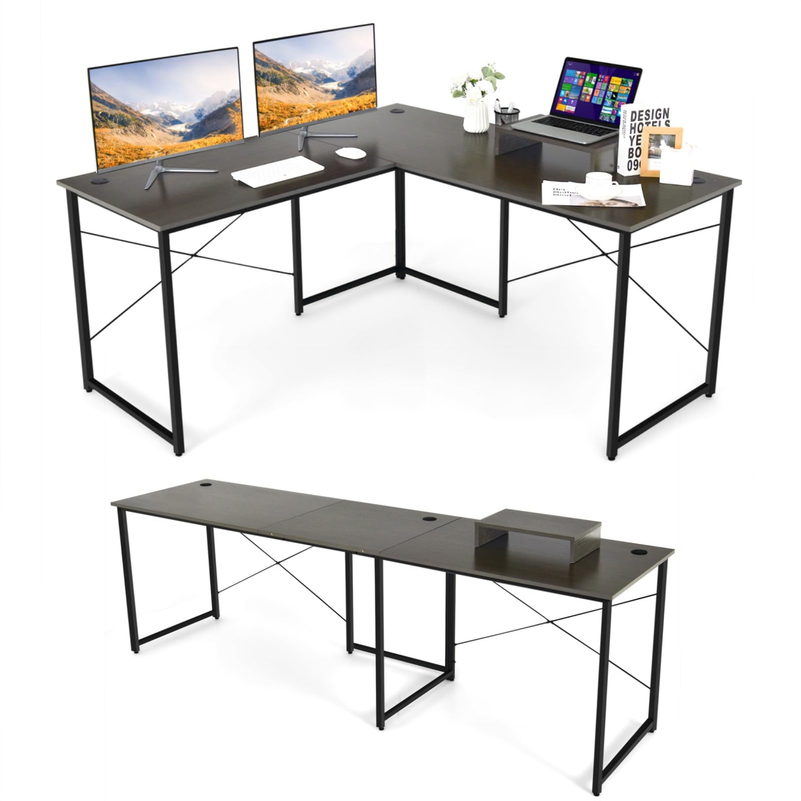LIFEZEAL Escritorio en Forma de L, 240cm Mesa de Ordenador Reversible, Escritorio de Esquina con Soporte de Monitor, Mesa de PC portátil en Estilo Industrial para hogar y Oficina (Marrón Oscuro)