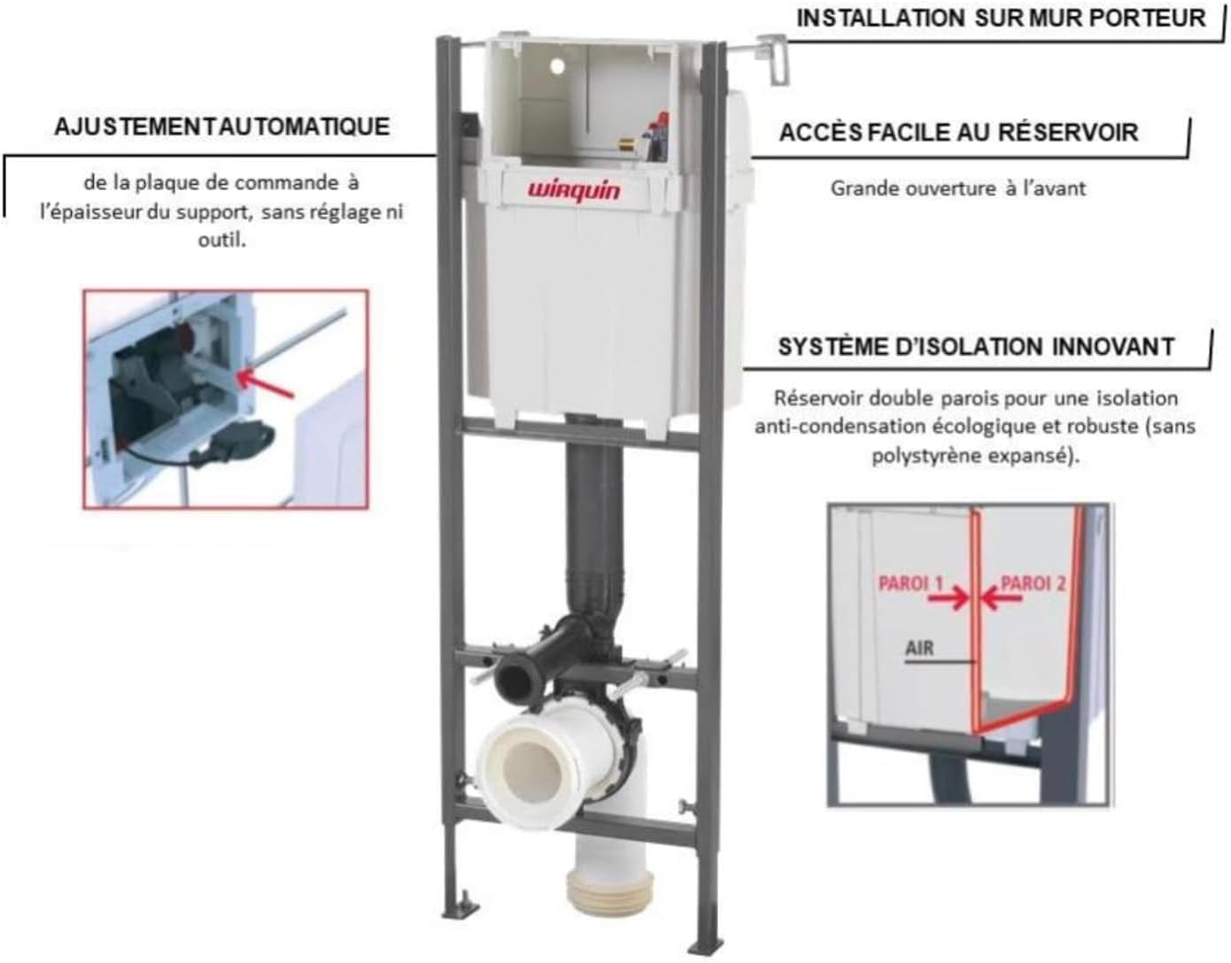 Inodoro suspendido completo - Cerámica - Sin bridas - Gris mate - Soft-close - Cisterna empotrada CHRONO - Pulsador negro CROMO - Tapa extra fina - Diseño elegante y moderno