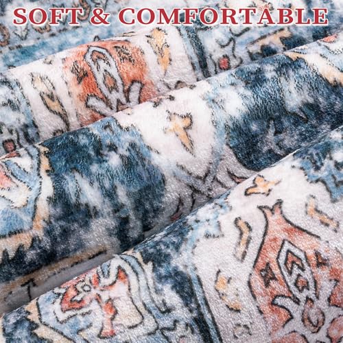 SERISSA Boho 8x10 Area Rugs, Washable Vintage Large Living Room Rug Non-Slip, Ultra Soft Oriental Print Distressed Tribal Farmhouse Blue Orange Carpet for Dining Room Bedroom Dorm Office Home Decor