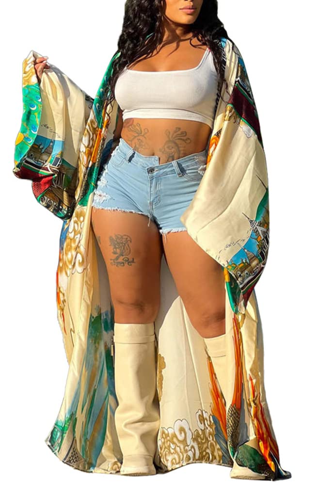 WUSENSTKimono Robes Long Cardigans for Women Floral Print Satin Open Front Cover Ups Dress Loose Outwear