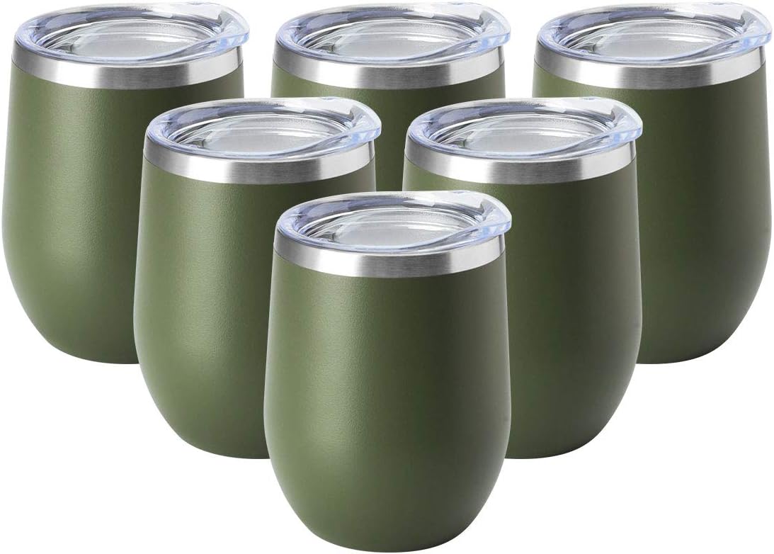 HASLE OUTFITTERS12oz Wine Tumbler with Lid Stemless Wine Glasses Double Wall Vacuum Travel Mugs stainless steel Coffee Cup for Cold & Hot Drinks Wine Coffee Cocktails Beer 6 Pack Army Green