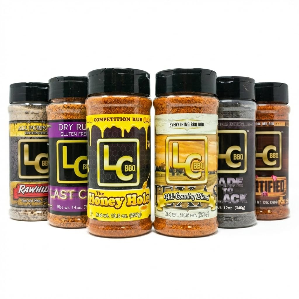 LC BBQ Ultimate Seasoning & Rub Bundle (6 Pack) – Rawhide All Purpose, Last Call Beef & Chicken, Honey Hole Sweet Honey Rub, Texas Hill Country Blend, Fade To Black Beef Rub, Certified Pork & Chicken – BBQ Rub Set for Grilling, Smoking, Brisket, Ribs, Pulled Pork, Wings & Veggies