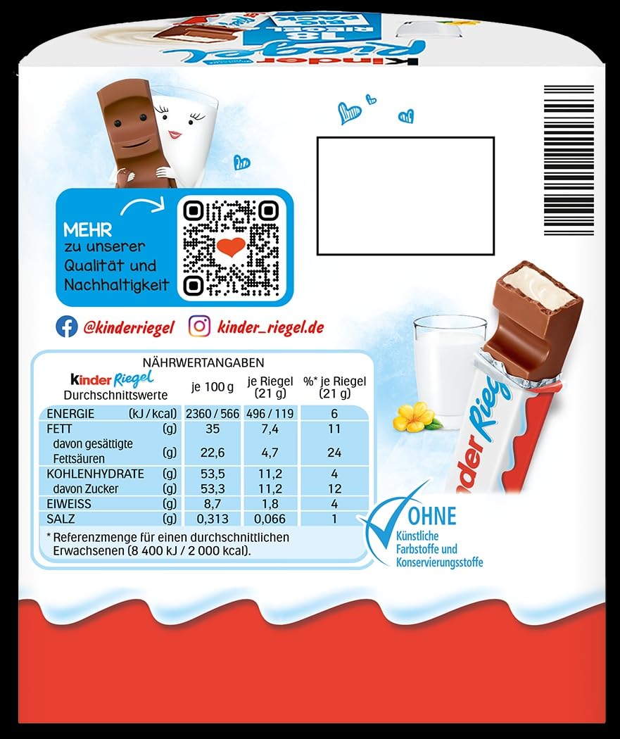 Kinder Riegel - 18 Einzelriegel, einzeln verpackte Schokoriegel, zartschmelzende Vollmilchschokolade mit Milchcremefüllung, ohne Farb- und Konservierungsstoffe – 378g - 2