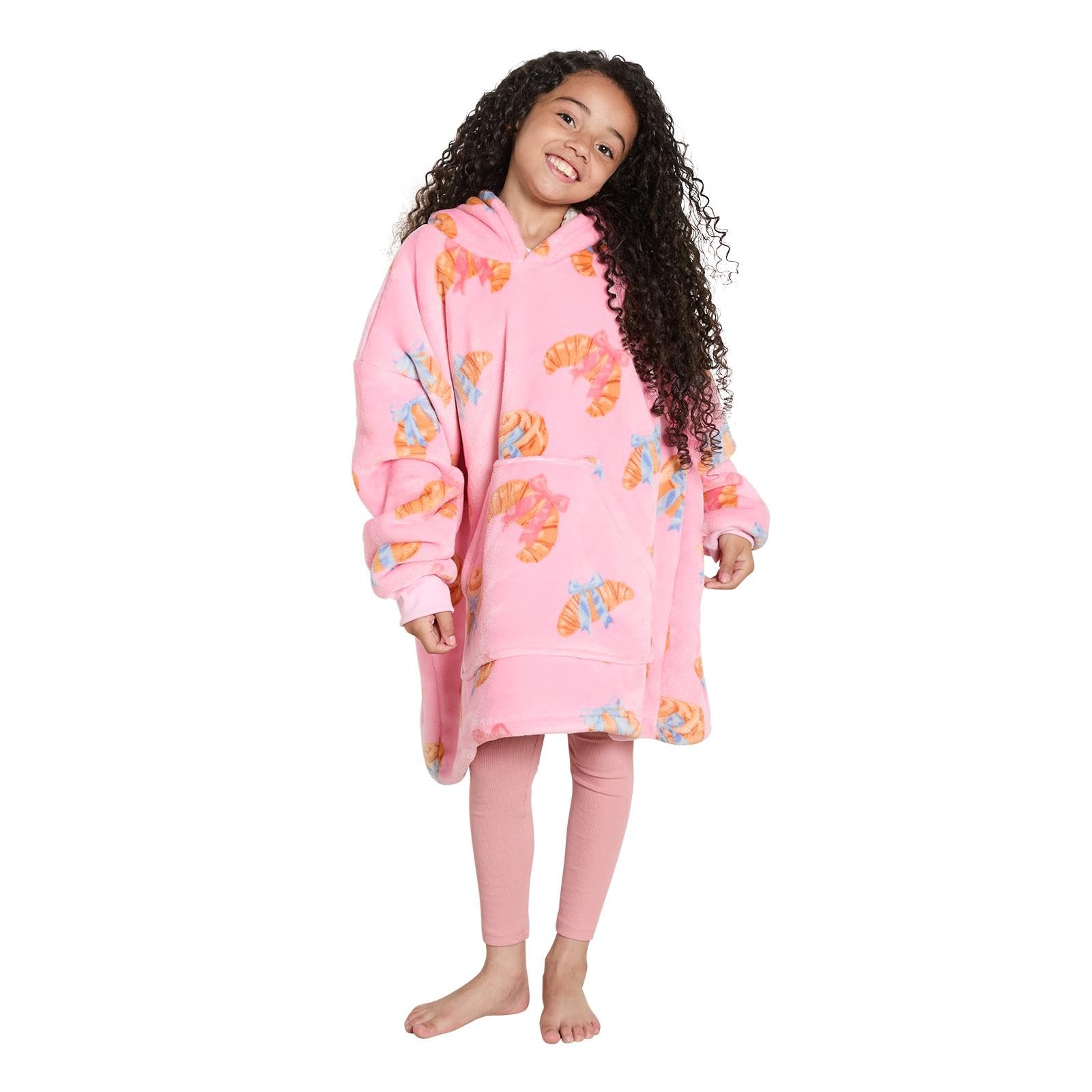 OHS Croissant Bow Hoodie Blanket Kids Sherpa Fleece Oversized Hoodie, Pink
