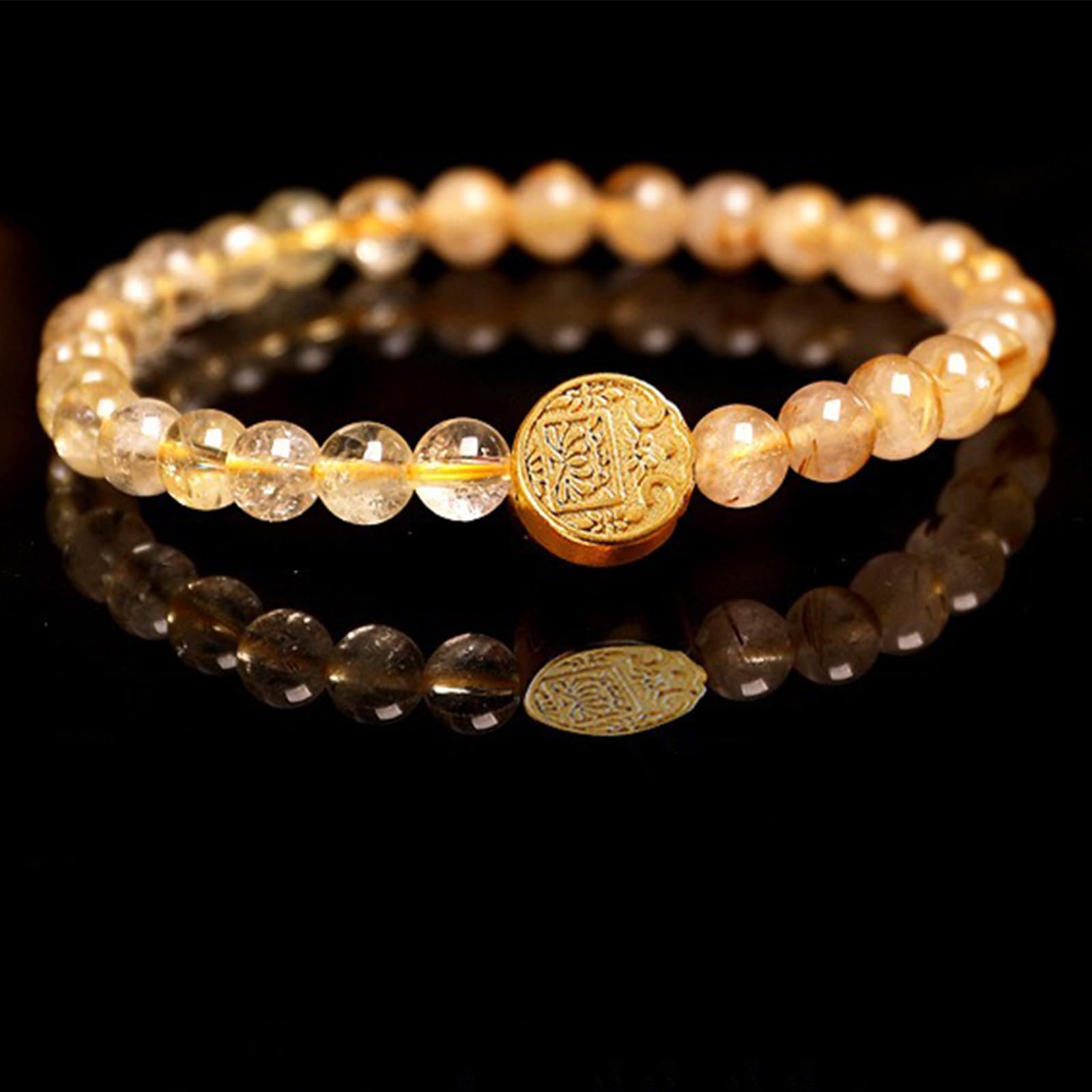 HLTYGWX Feng Shui Fünf Reichtumsgötter Perlen-Stretch-Armbänder, Citrin- und Rutilquarz-Energiekristall-Armbänder für Reichtum, Glück, Glück, Natursteine-Armband für Frauen, Männer, Meditation
