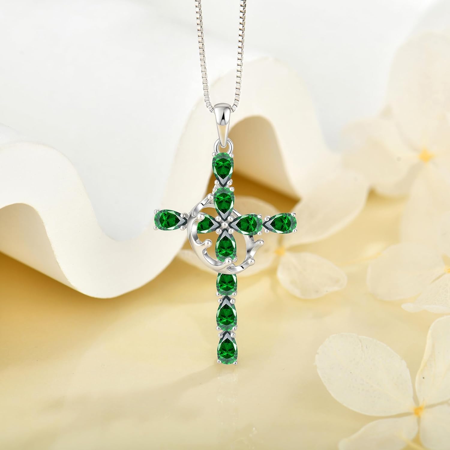 Crown Cross Necklace for Women 925 Sterling Silver Pear Shaped Birthstone Necklace Cross with Rotatable Crown Pendant Fine Jewelry - Image 2