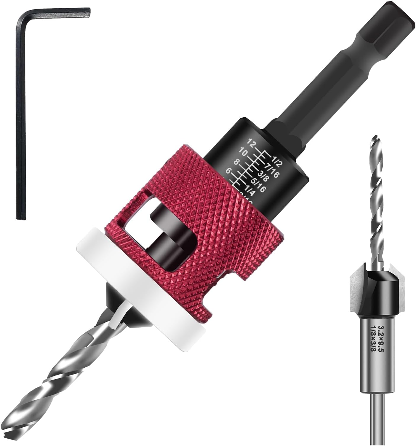1 Pcs Countersink Drill Bit Set with Low Friction Depth Stop, HSS M2 Bits Tapered Head 3/8” 82° Counter-Bore,1/4” Hex Shank(Red)