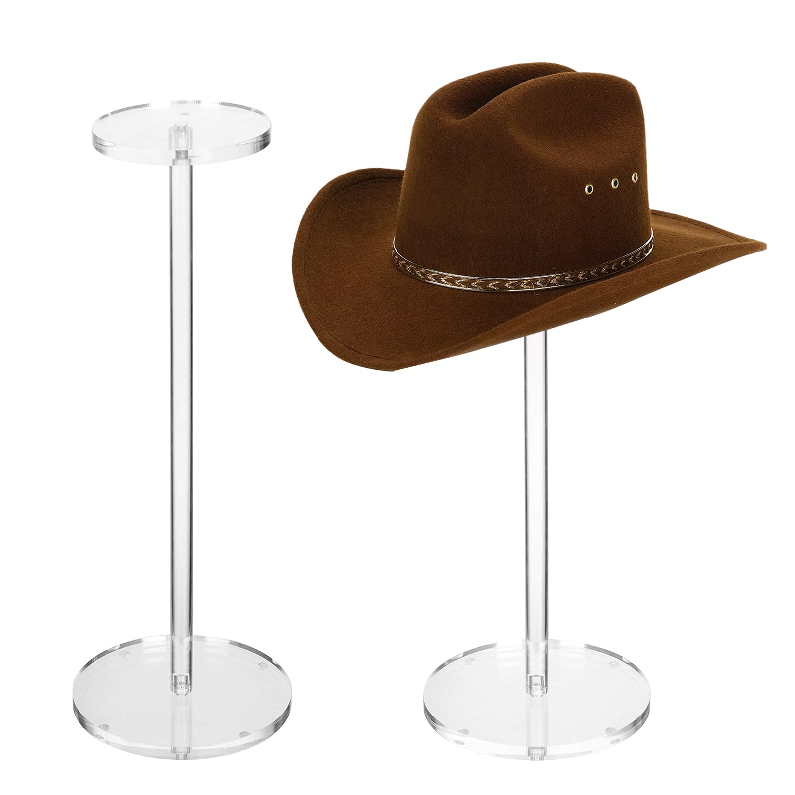 2 Juegos de soportes acrílicos transparentes para sombreros y pelucas Soporte para sombreros con base redonda Soporte para pelucas Reloj para sombreros (altura 30 cm, base redonda)