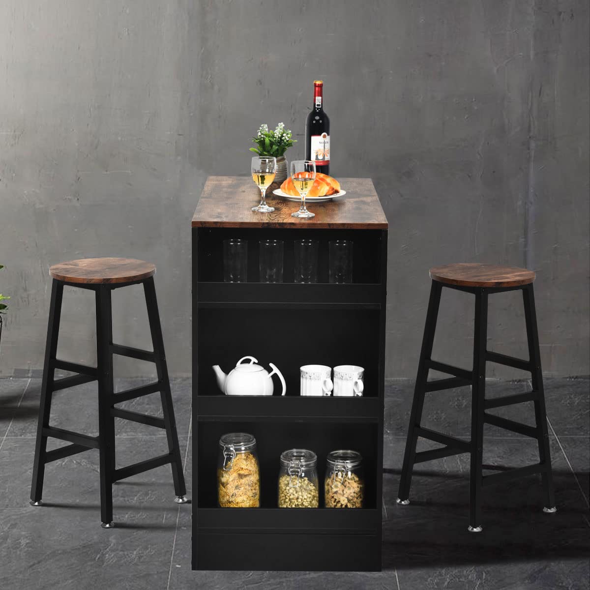 GIANTEX Ensemble de table et 2 tabourets, ensemble de meubles de bar, 3 pièces, salle à manger, style industriel, table avec 3 étagères de rangement, tabouret avec repose-pieds de différentes
