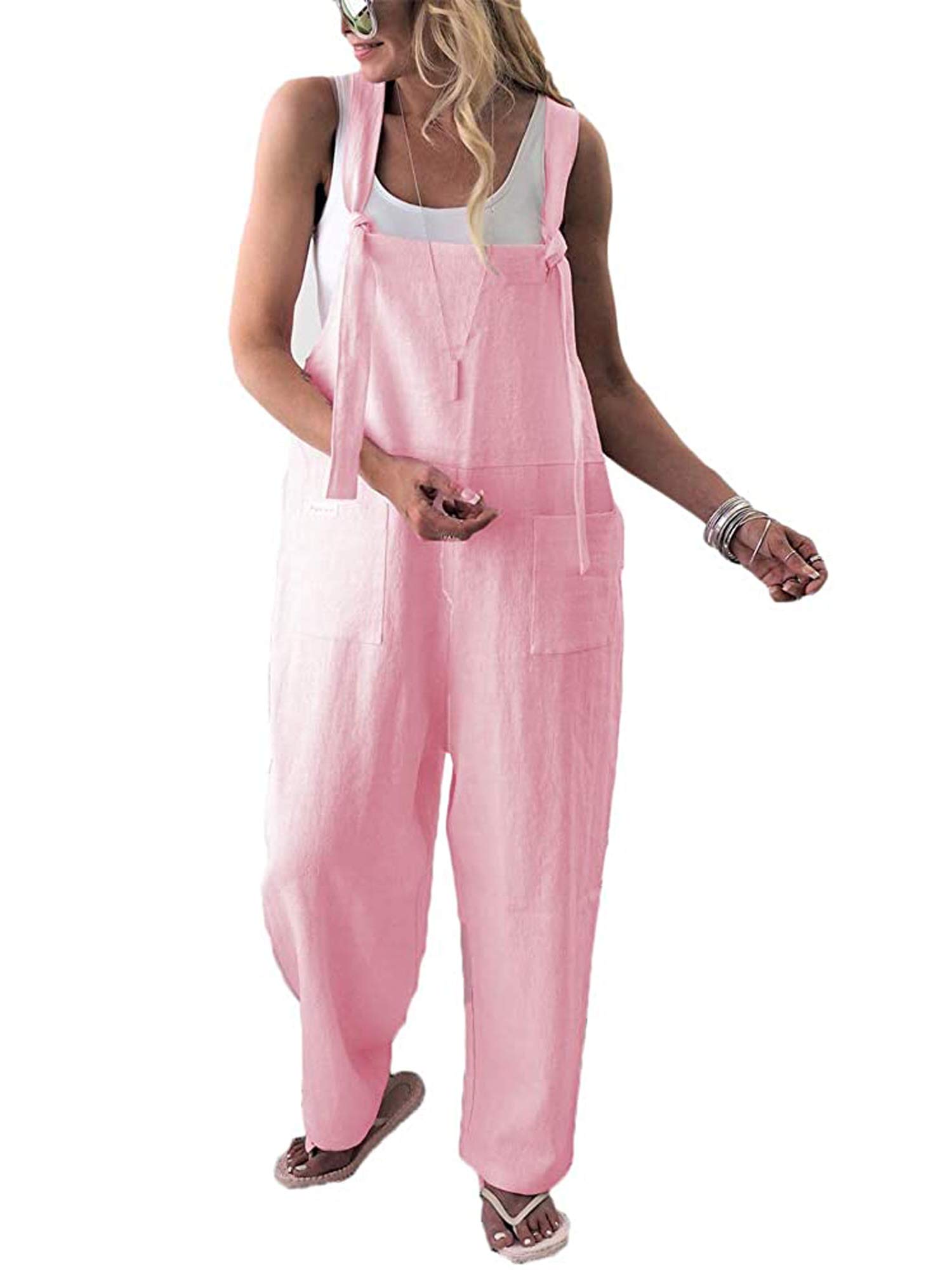 YILEEGOO Cotton Linen Dungarees for Women, Ladies Casual Overalls Baggy Wide Leg Pants Jumpsuit Playsuit