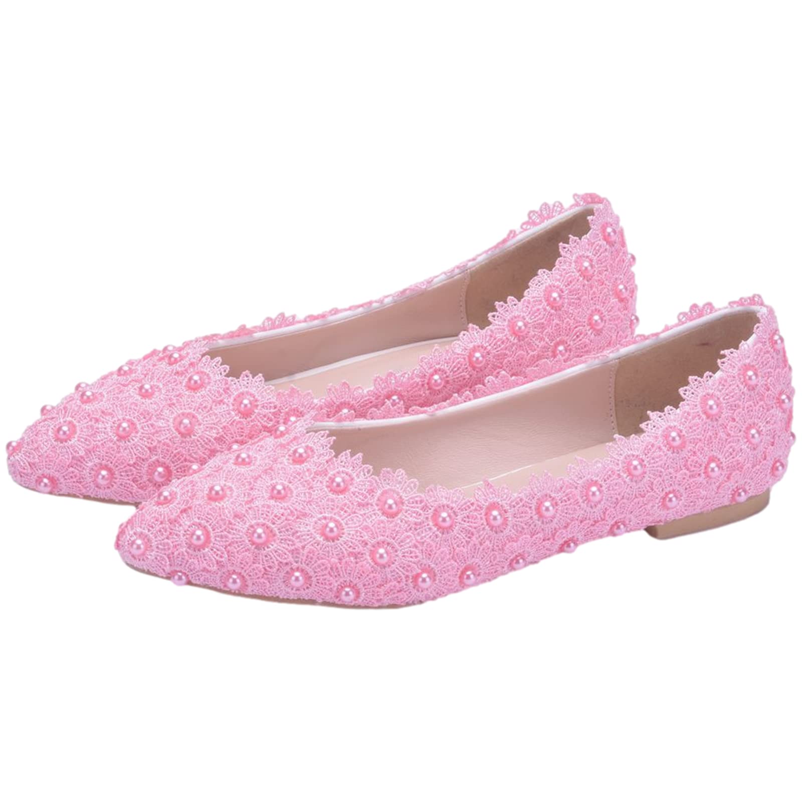 Damen Elegant Spitze Zehen Blume Spitzenbesatz Perlen Brautschuhe Pumps Weiche Sohle Ballerinas