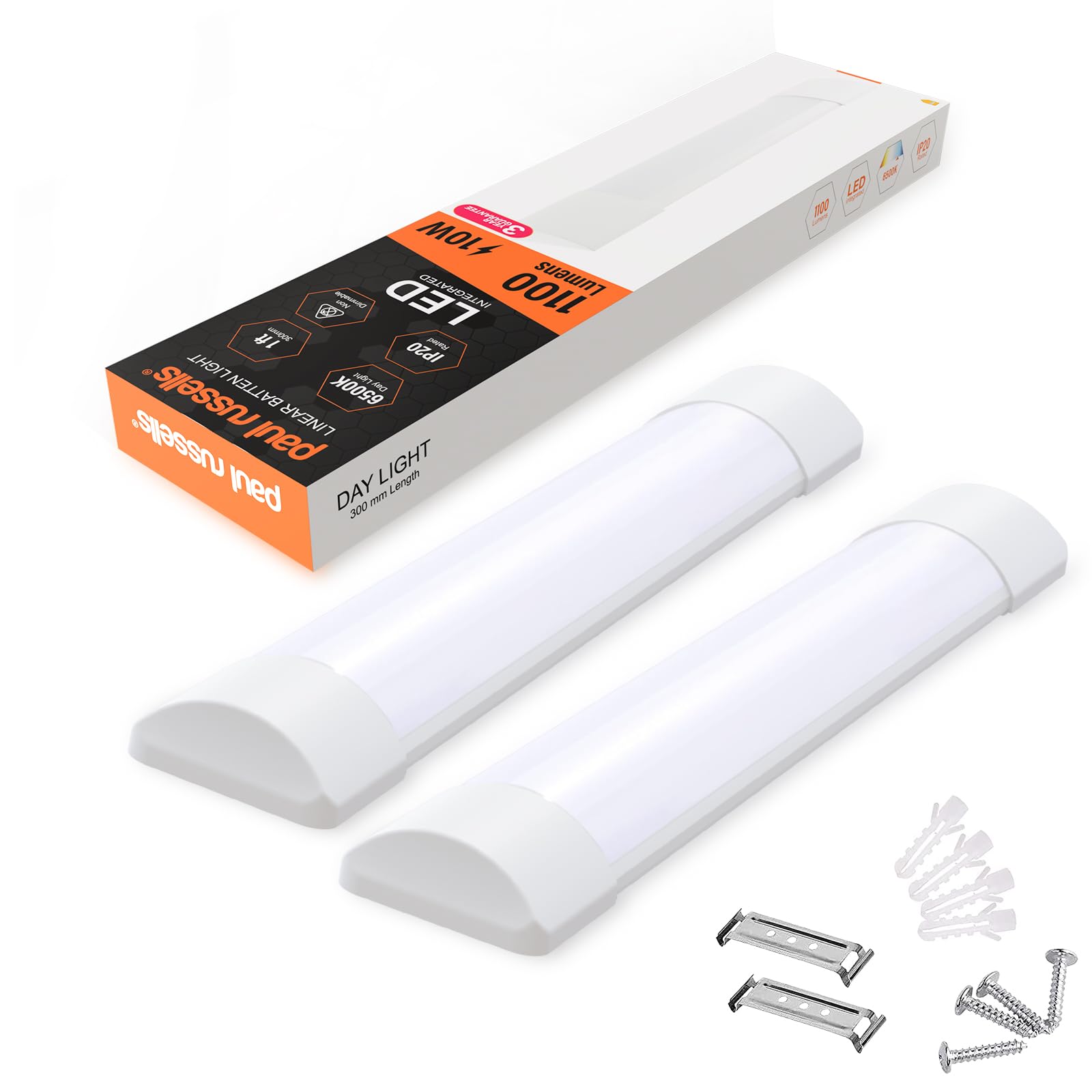 Paul Russells Daylight - 6500K 1Ft Led Batten Light, Ceiling Fitting Tube, 6500K Daylight, 10W, 1100 Lumens, For Office, Bathroom, Kitchen, Garage, Warehouse Fluorescent Lighting Replacement, 2 Packs