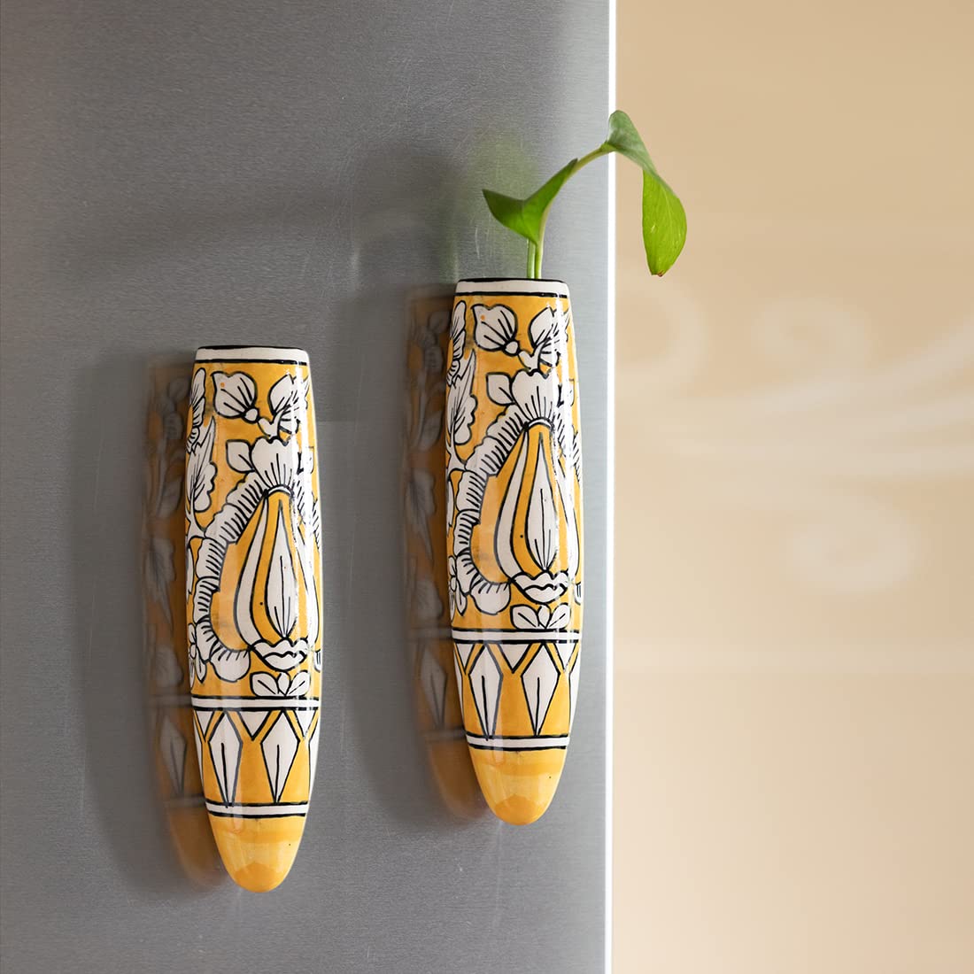 ExclusiveLane Mughal Heaven Ceramic Handpainted Magnetic Planters Pot for Fridge Refrigerator Magnet Planter (Light Yellow & Enamel White, 1.9 x 1.5 x 7.2 Inch, 2 Pieces),EL-021-226 (B09VYZHK2G) Amazon Price History, Amazon Price Tracker