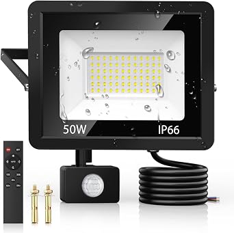 50W Security Lights Outdoor Motion Sensor, PIR Flood Light with Remote Control, IP66 Waterproof, 72 LEDs, Cool White, 6500K, 4500LM, Outdoor Lights Mains Powered for Garden Corridor Entrance Backyard [Energy Class F]