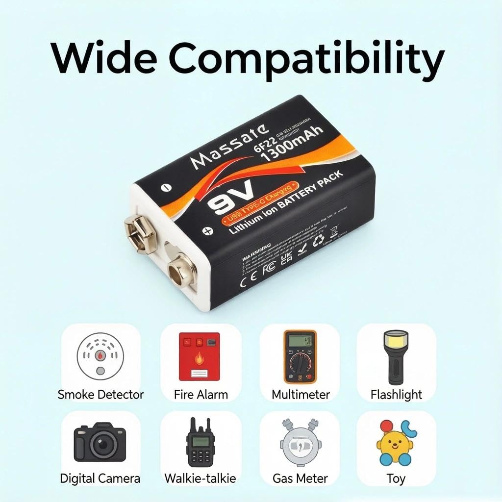 4 Pcs 9V Rechargeable Batteries 1300mAh, USB C Rechargeable Lithium Ion Battery with 4 in 1 Charging Cable, Long Lasting 9 Volt Battery for Smoke Detector, Guitar Pedal, Microphone - 3