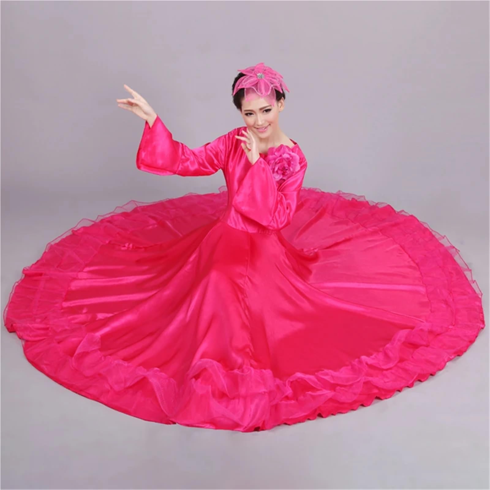 Vestido de baile flamenco 360/540/720 grados for mujer, con abertura salón, falda vuelo grande, traje actuación coro for escenario para Bailar Flamenco