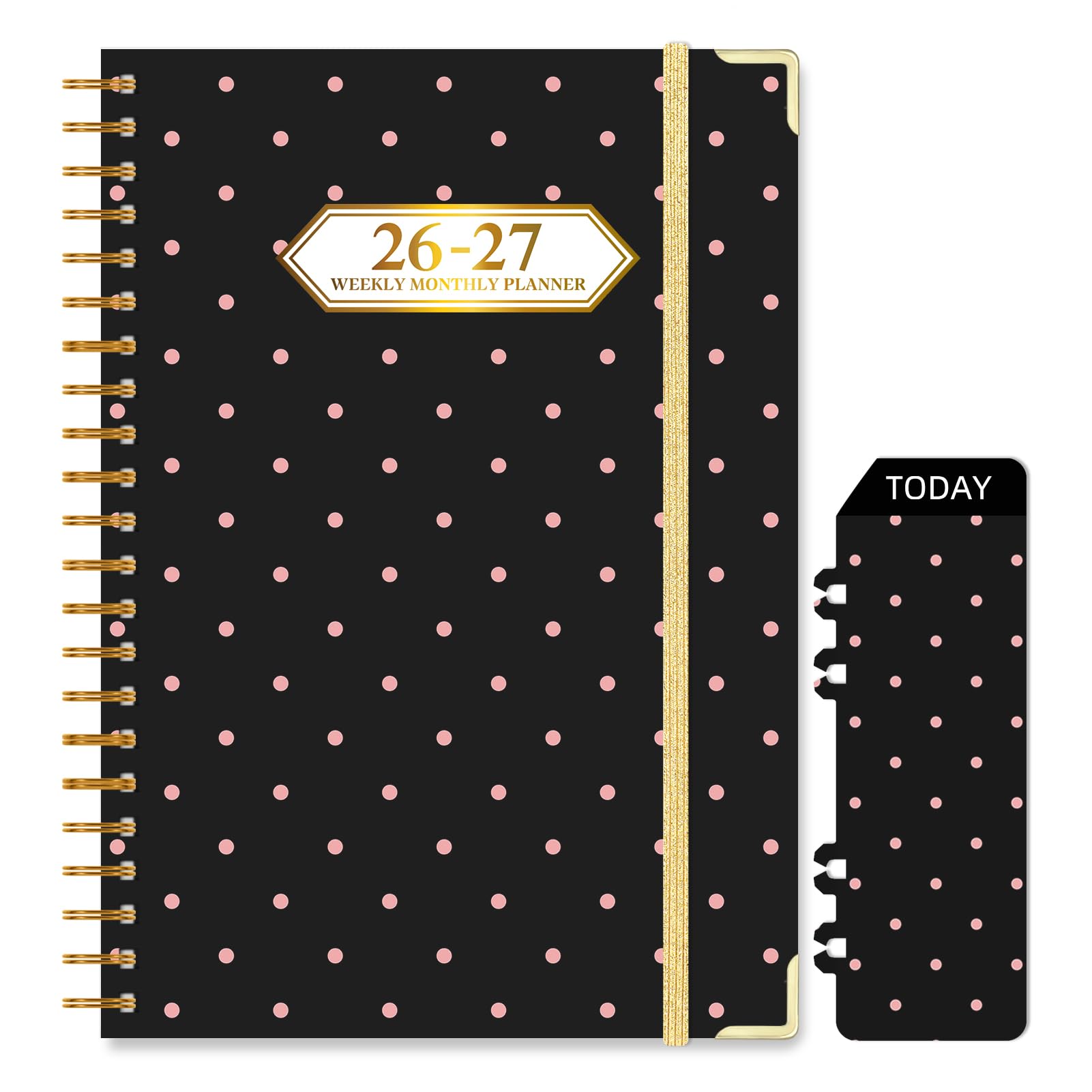 Knagsfa 2026-2027 Planner, Jul.2026-Jun.2027 Planner Weekly and Monthly 6.25"x8.5" with Page Tabs, Calendar Hardcover with Inner Pocket, Elastic Band, Twin-Wire Binding, Bookmark,Black Pink Polka Dots