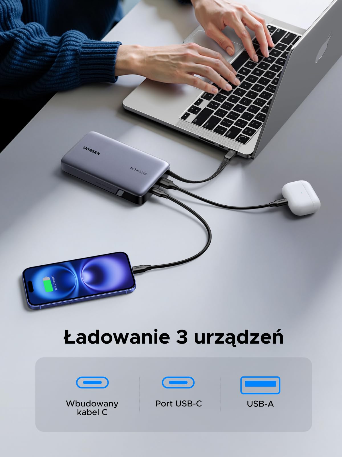 UGREEN Nexode Powerbank 20000mAh 145W z wbud. USB-C-kabel | 2x USB-C+1x USB-A, ładowanie laptopa/telefonu, kompatybilny z MacBook, iPad, iPhone, do podróży/biura