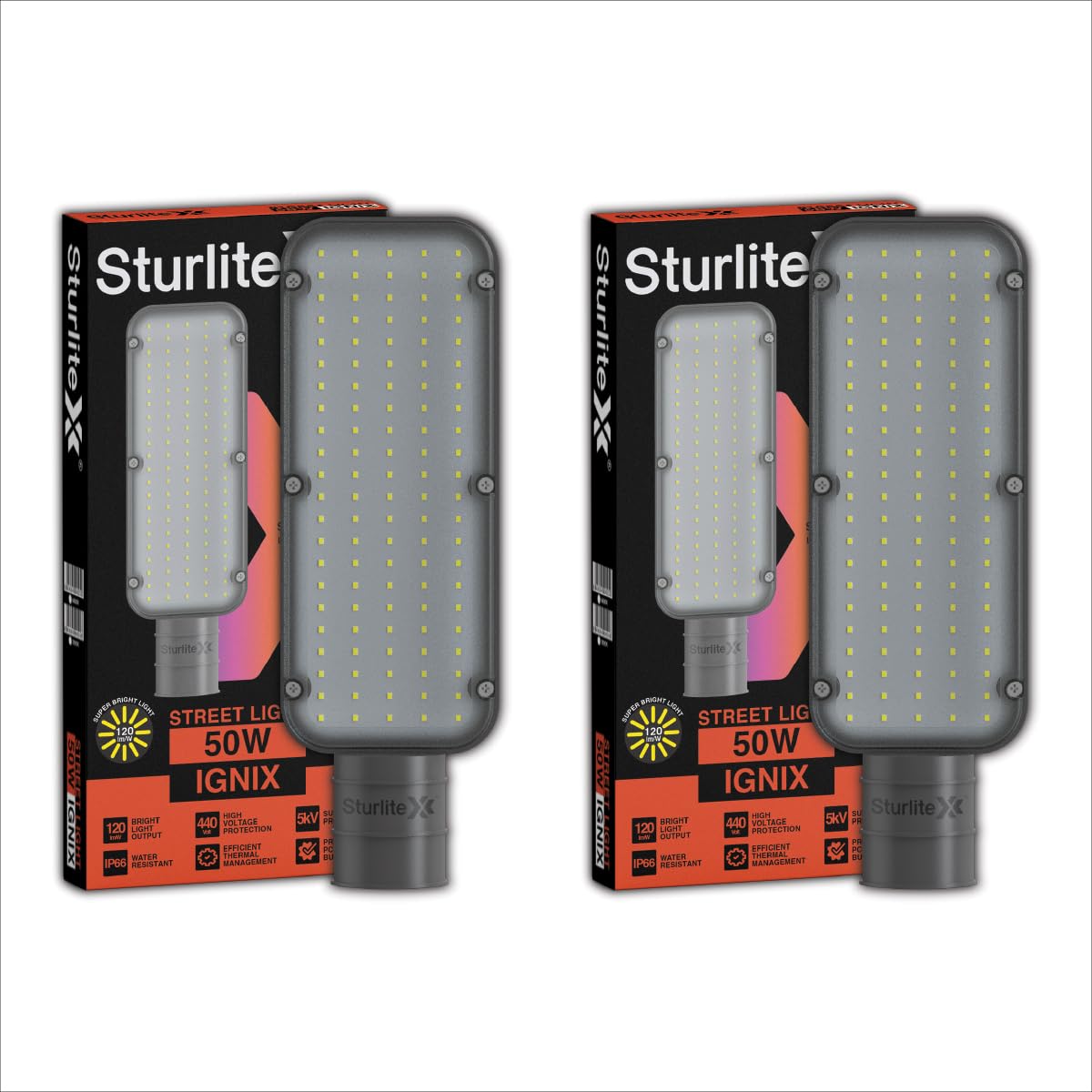 Sturlite Ignix 50W LED Street Light| Cool White 6500K Color Temperature LED Street Lamp| IP66 Waterproof Surge Protection Focus Light for Garage, Parking, Garden, Playground & Sidewalks (Pack of 2)-image-2