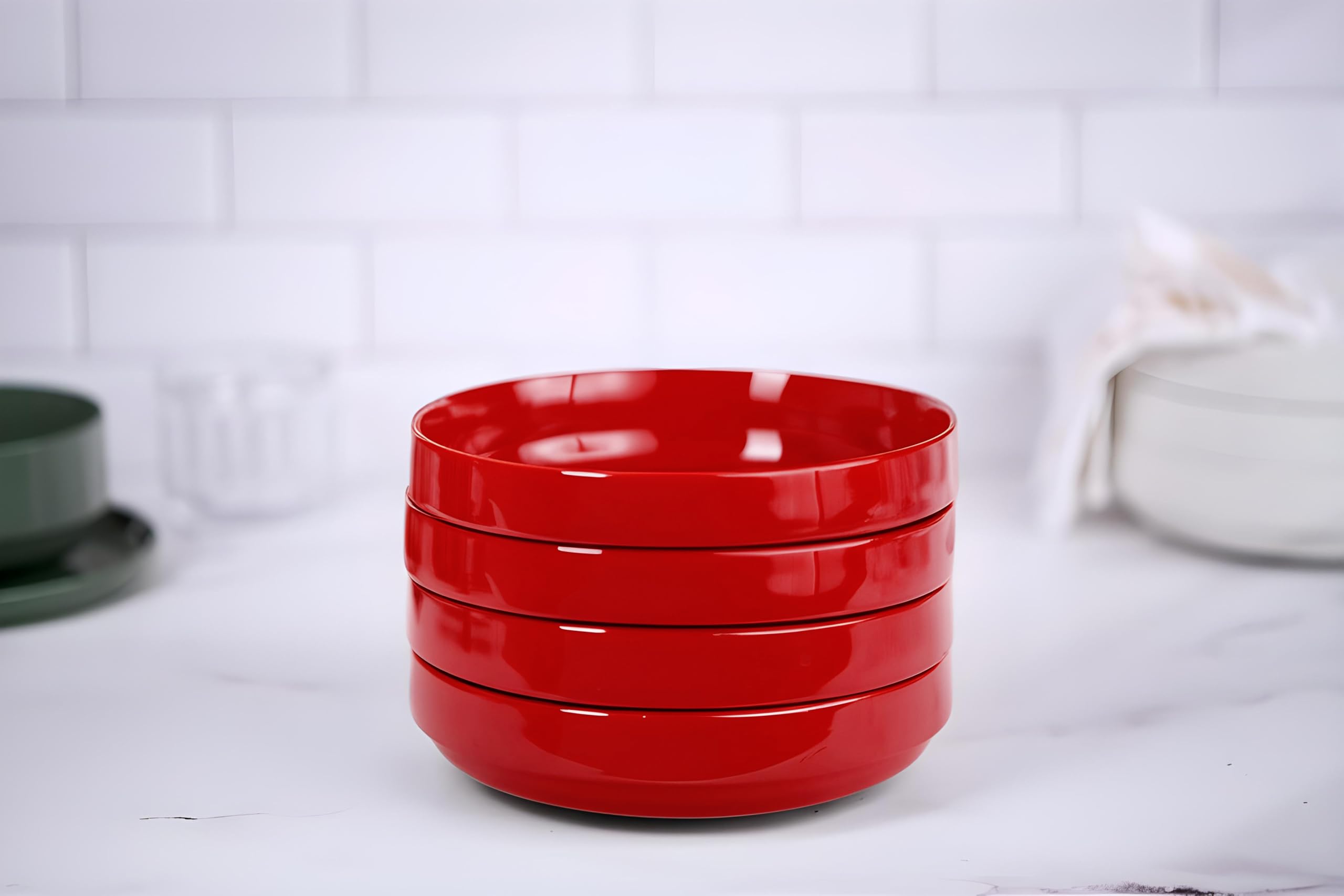 KooK Cuencos grandes de cerámica para pasta, aptos para microondas y lavavajillas, ideales para sopas y ensaladas, cuencos poco profundos, porcelana brillante, 48 onzas, juego de 4, rojo cereza