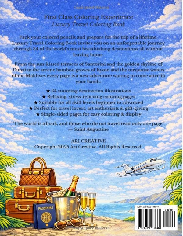 Luxury Travel Coloring Book for Adults: 34 World Destinations — Paris, Dubai, Bali, Santorini, Maldives & More: Stress-Relieving Coloring Pages for Relaxation & Wanderlust image 3