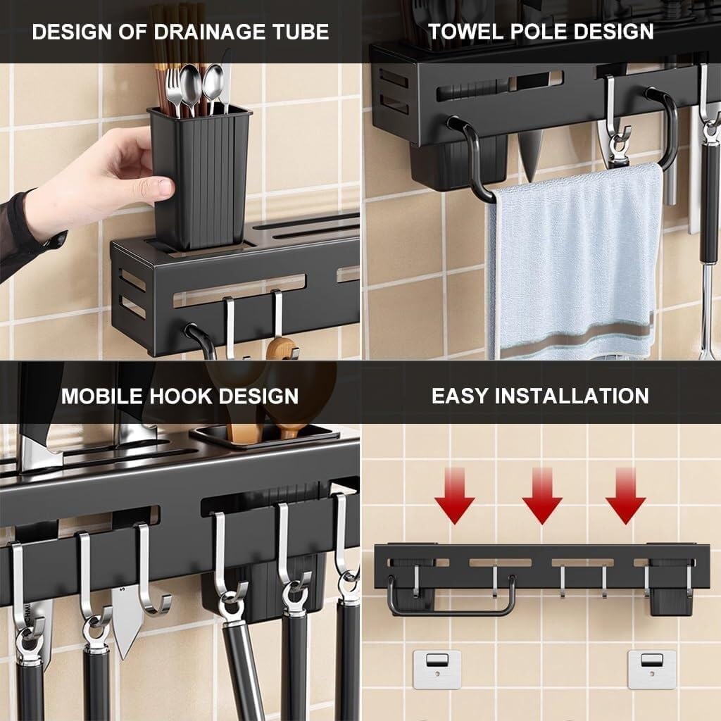 KEMLOZE Metal Spoon Holder Organiser for Kitchen, Kitchen Shelf Wall Mount Knife Holder With Towel Hanger, Spatulas Hanging Hooks, Multi-Purpose Cutlery Holder Storage Rack 3
